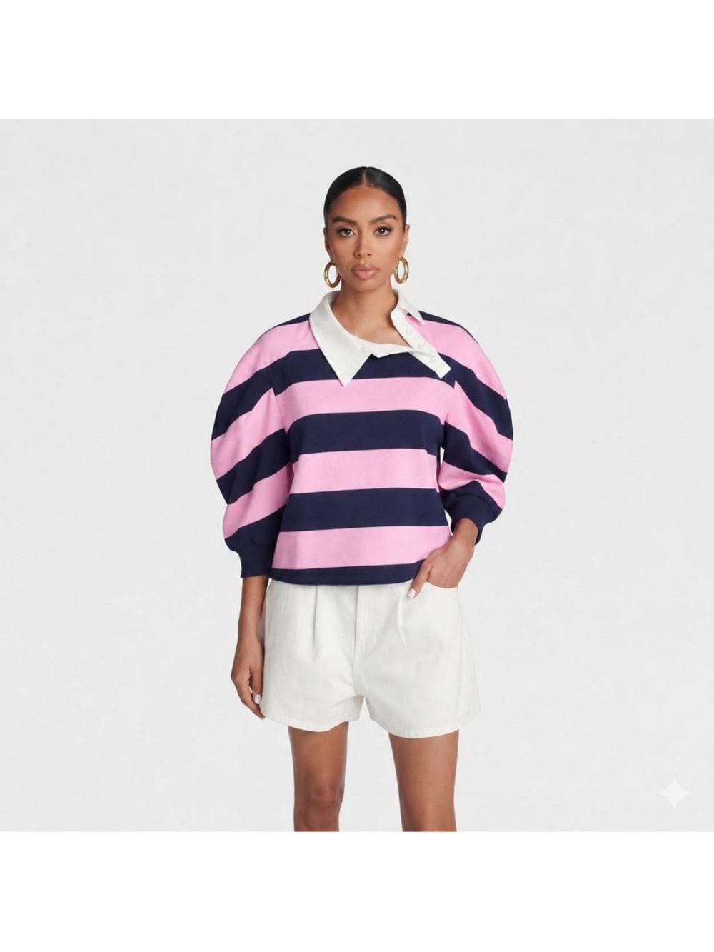 Striped Puff-Sleeve Polo Sweatshirt in Pink & Navy